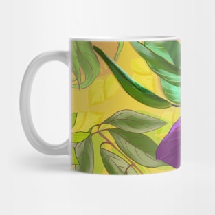 Blooming tropical flowers and leaves pattern floral illustration, yellow tropical pattern over a Mug